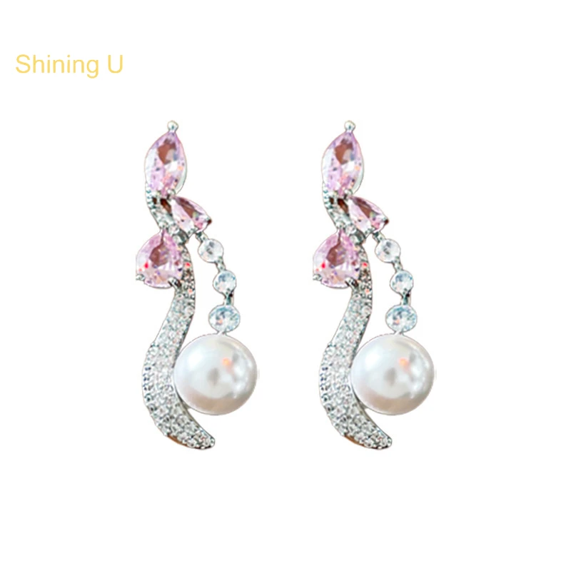 

Shining U Pink Gems Simulated Pearls Earrings Cubic Zirconia Fashion Party Jewelry for Women Gift