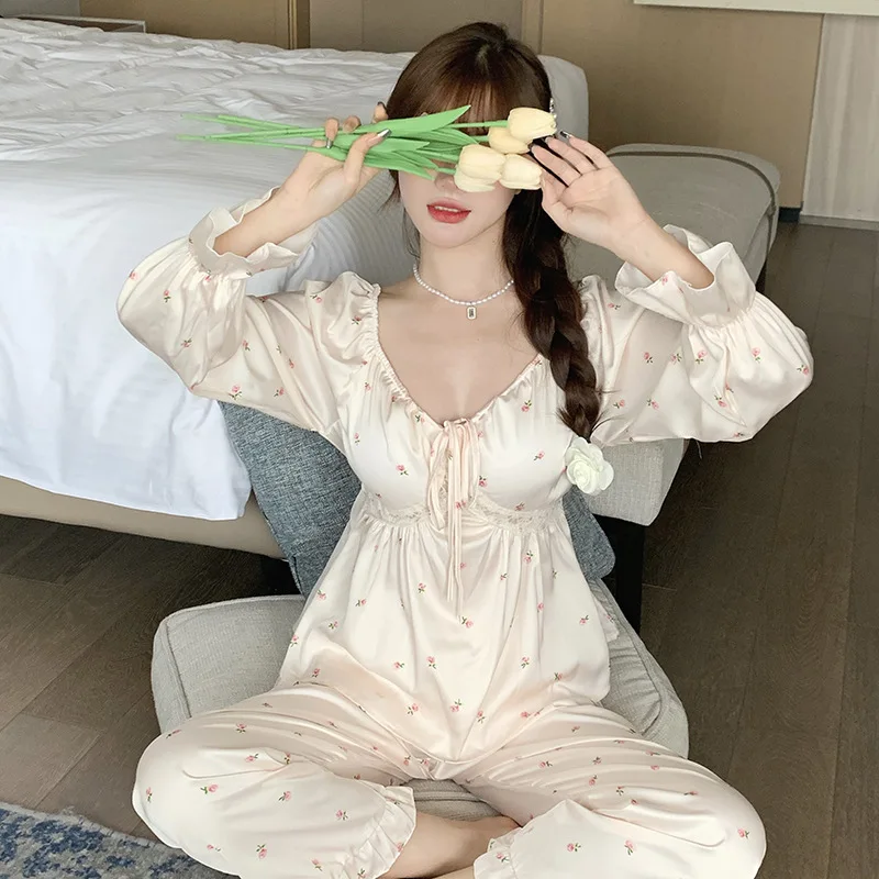 Женский пижамный комплект с V-образным вырезом рубашка принтом брюки ночные