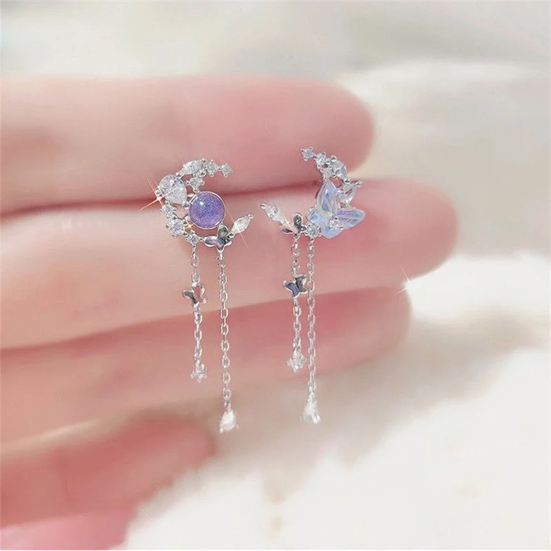 

Delicate Cute Zircon Moon Tassel Butterfly Stud Earrings For Women Korean New Fashion Asymmetric Earrings Girls Party Jewelry