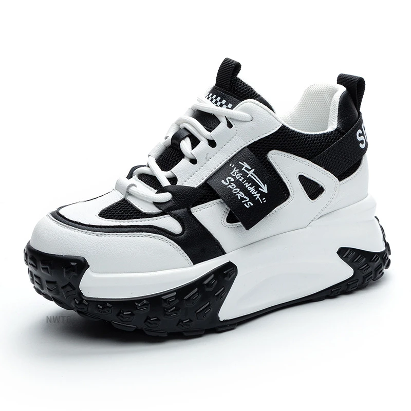 

Women 8cm Platform Wedge Sneakers Black Shoes Spring Autumn Genuine Leather Trainers Heeled Shoes New Design Shoes for Women