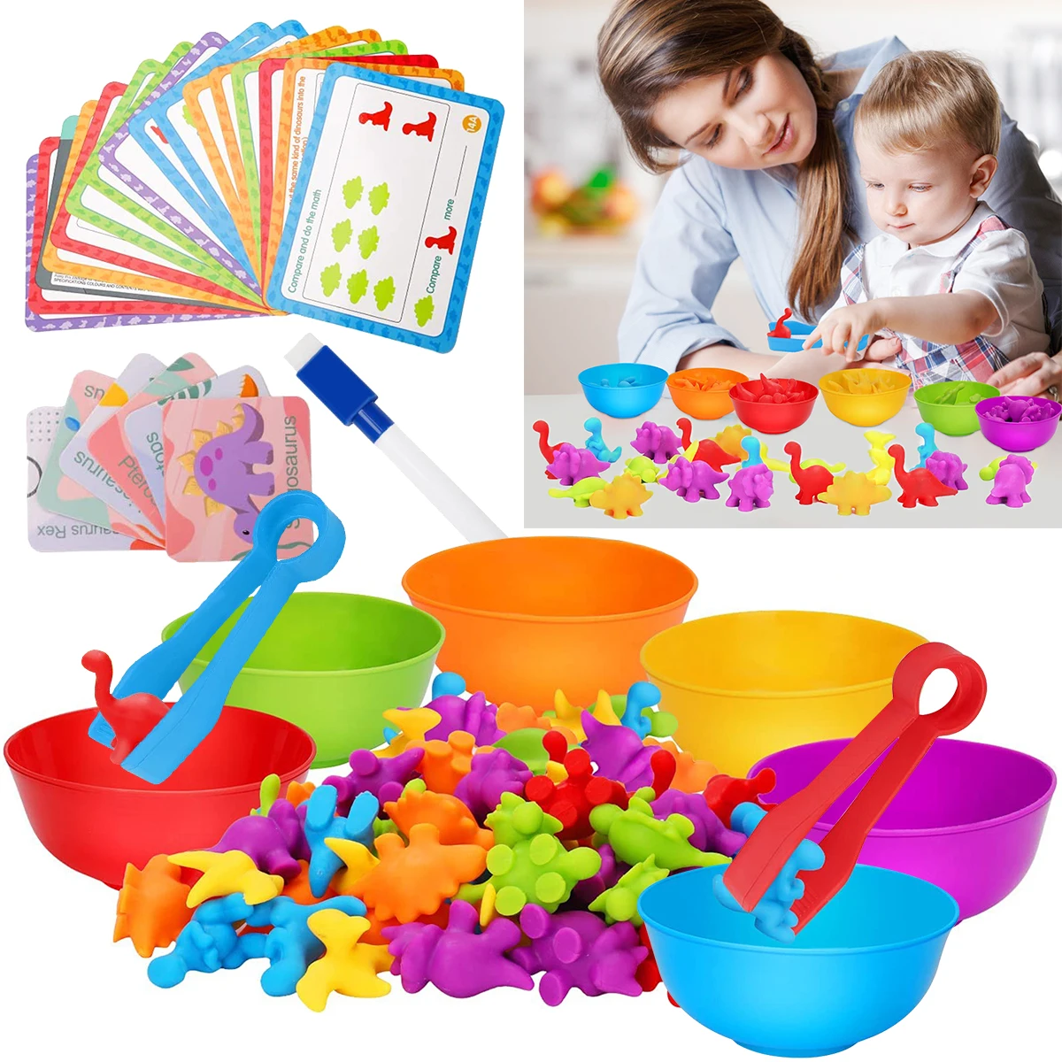 

102 Pcs Counting Dinosaurs Toys for Kids Matching Game with Sorting Bowls Color Classification Early Educational Fine Motor