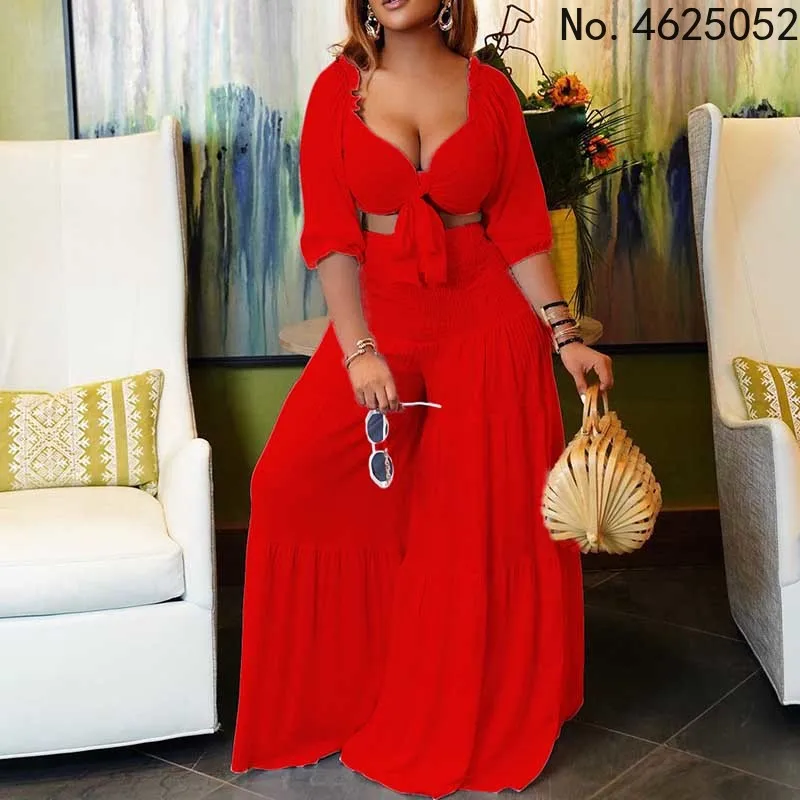 

Женский комплект из 2 предметов, повседневный укороченный топ на бретельках и брюки с высокой талией, модный пляжный стиль, Африканский наря...