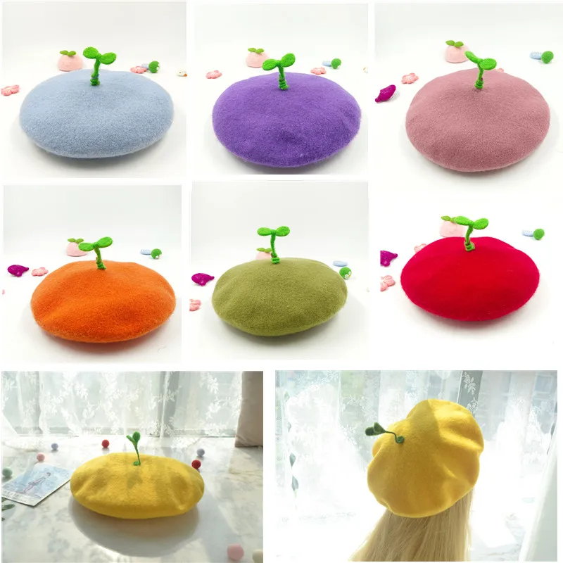 

Wool felt beret autumn and winter bean sprouts soft girl wind fashion women's beret women's solid color casual winter hat women