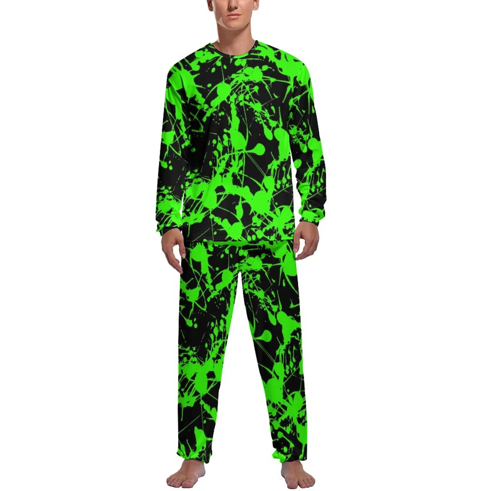 Green Splash Pajamas Spring Abstract Print Sleep Home Suit Male 2 Piece Graphic Long Sleeve Trendy Pajamas Set