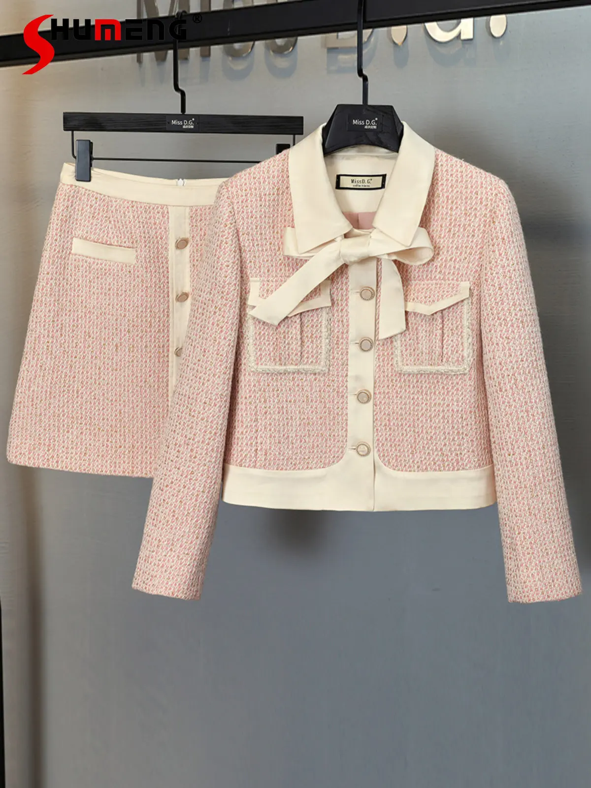 

2022 Early Autumn New Fashion Elegant Slimming Short Pink Suit Jacket Women's Office Lady Simple Above Knee Dress Two-Piece Set