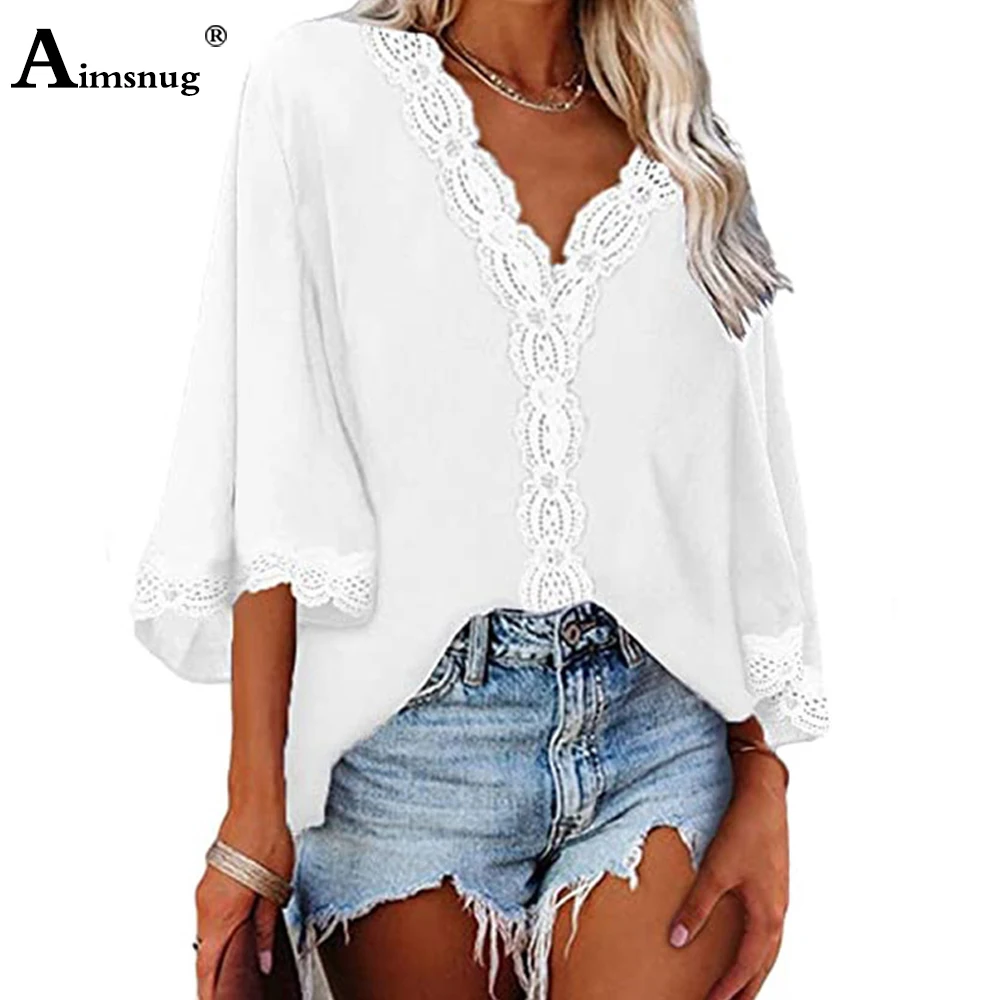 Aimsnug 2022 Summer Vintage Lace Blouse Half Sleeve Women Cusual Beach Shirt Blusas Female Solid Tops Loose V-neck Pullovers