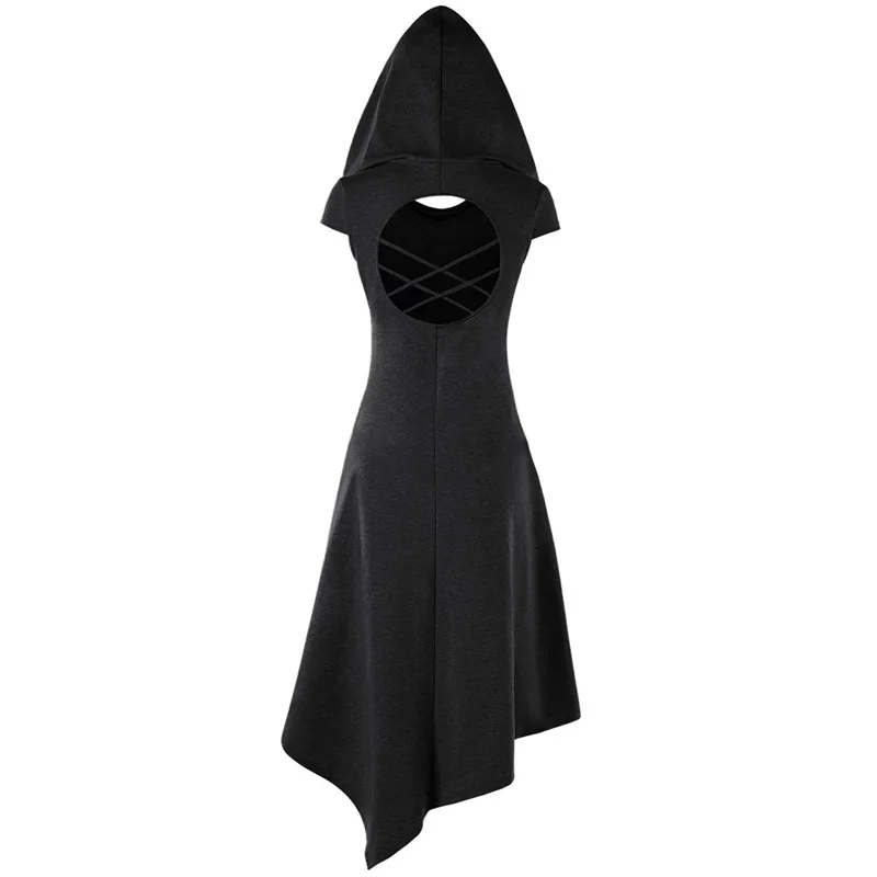 

Womens Dresses Vintage Gothic Hooded Cut Out Midi Dress Ladies Silm Fit Batas Blusas Feminina Dress Casual Vestidos Mujer