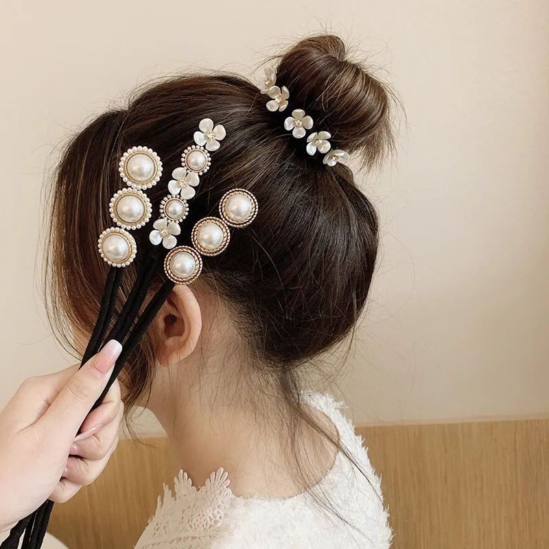 

Elegant Shell Pearl Lazy Hair Curler Bow Barrettes Braided Hair Artifact Vintage Women Flower DIY Hair Maker Tools Scrunchies