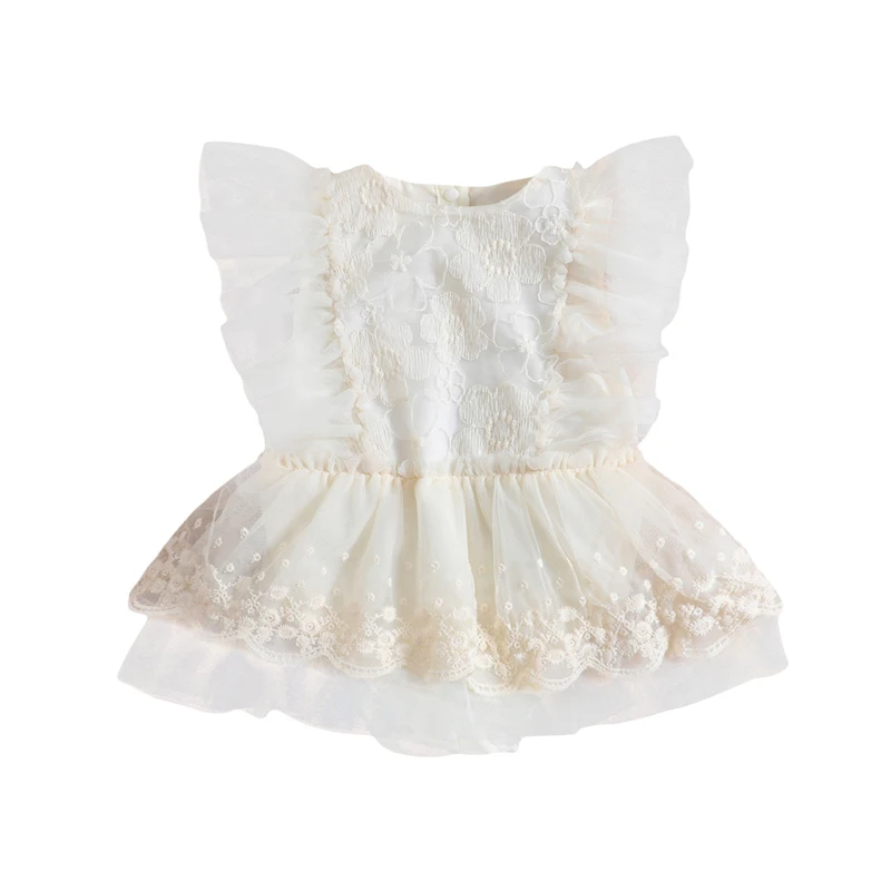 

Baby Girl Romper Dress Fly Sleeve Round Neck Mesh Floral Casual Spring Summer Short Crotch Button Romper