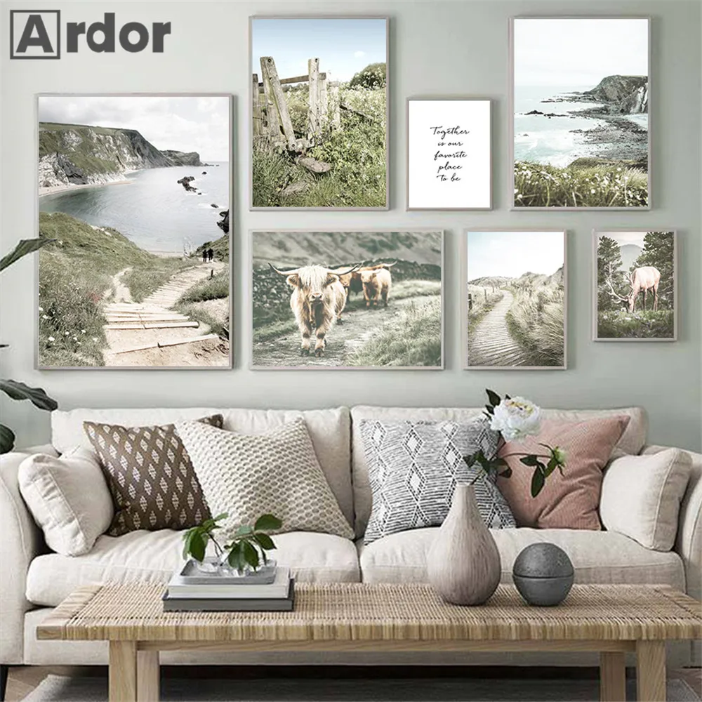 

Зеленая трава, Весенняя Настенная картина, постер на холсте, природный пейзаж, морская живопись, олень, корова, принт, скандинавские настенн...