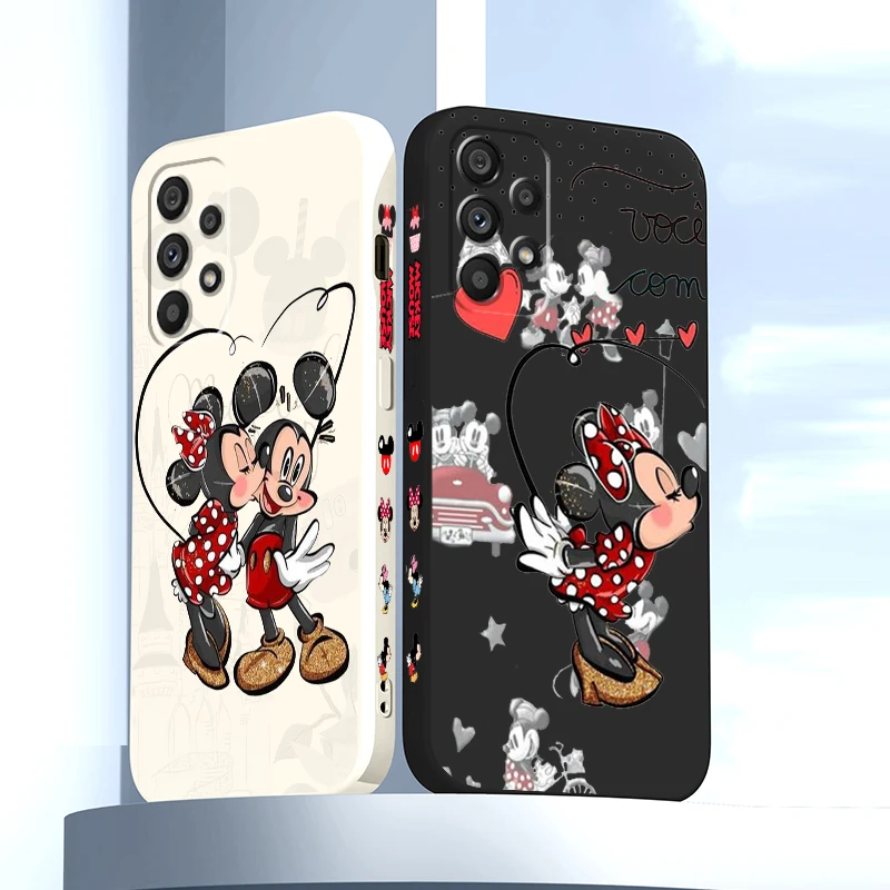 

Pink Disney Minnie Mickey Phone Case For Samsung A73 A53 A54 A34 A14 A13 A03 A03S A72 A52 A32 5G Liquid Left Rope TPU Cover