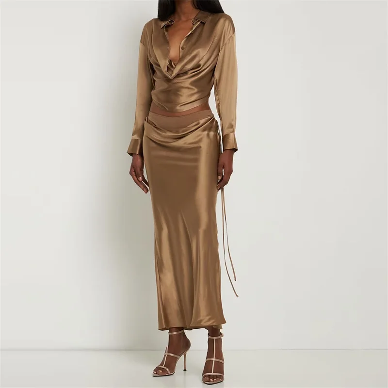 

Two Piece Set Women Outfit 2023 Korean Fashion Women's Shirt Silk Blended Long Dress 2-piece Set Pleated Slim Half Length Skirt
