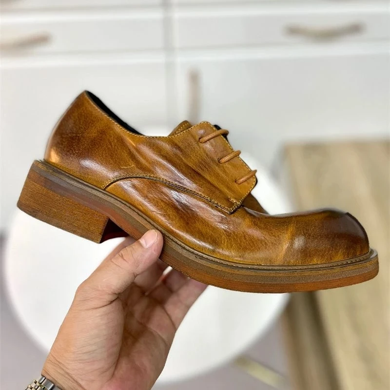 

British Retro Handmade Full Grain Leather Big Round Toe Casual Men's American Patch Trend Work Deby Shoes Man Oxfords