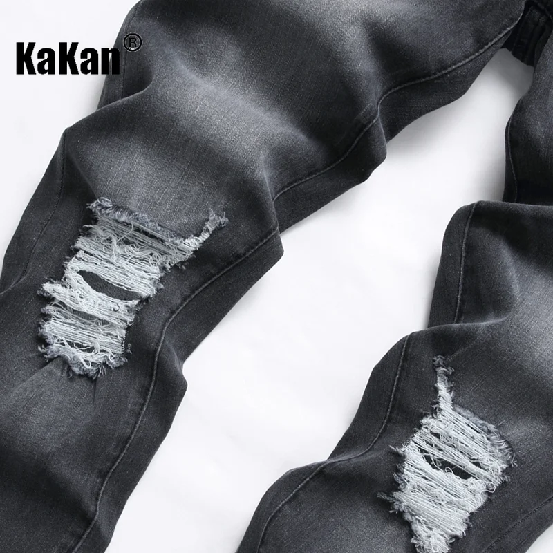 Kakan - New Distressed Trendy Personalized Black Jeans for Men, Slim Fit Straight Mid Waist Long Jeans K19-8832