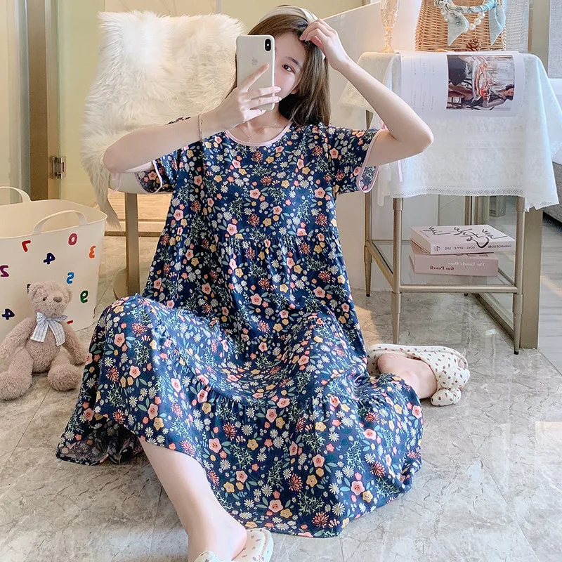 Women's Cotton Silk Nightdress Summer Nightgown Short Sleeve Pajamas Set Printing Plus Size Loose Home Wear New