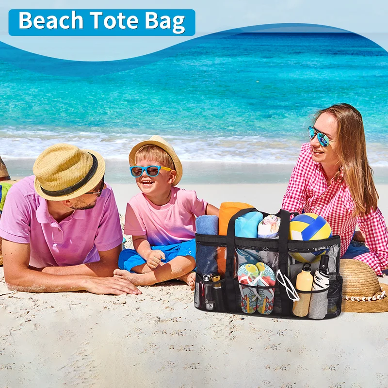 Mesh Beach Bag Larger Travel Tote Bag for Women Weekender Bag Overnight Bag Beach Tote Bag with 9 Pockets for Gym Travel Workout