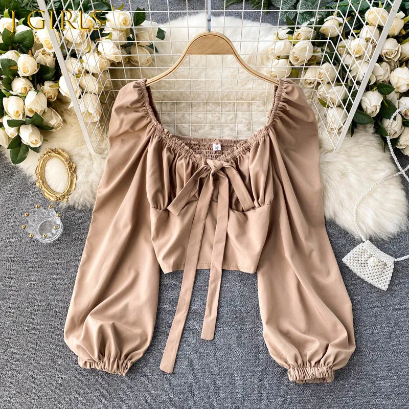

J GIRLS Lady New Fashion Pleated Square Neck Hollowed Out Slim Short Tops Women's Long Sleeve Solid Color Casual Blouse Tops