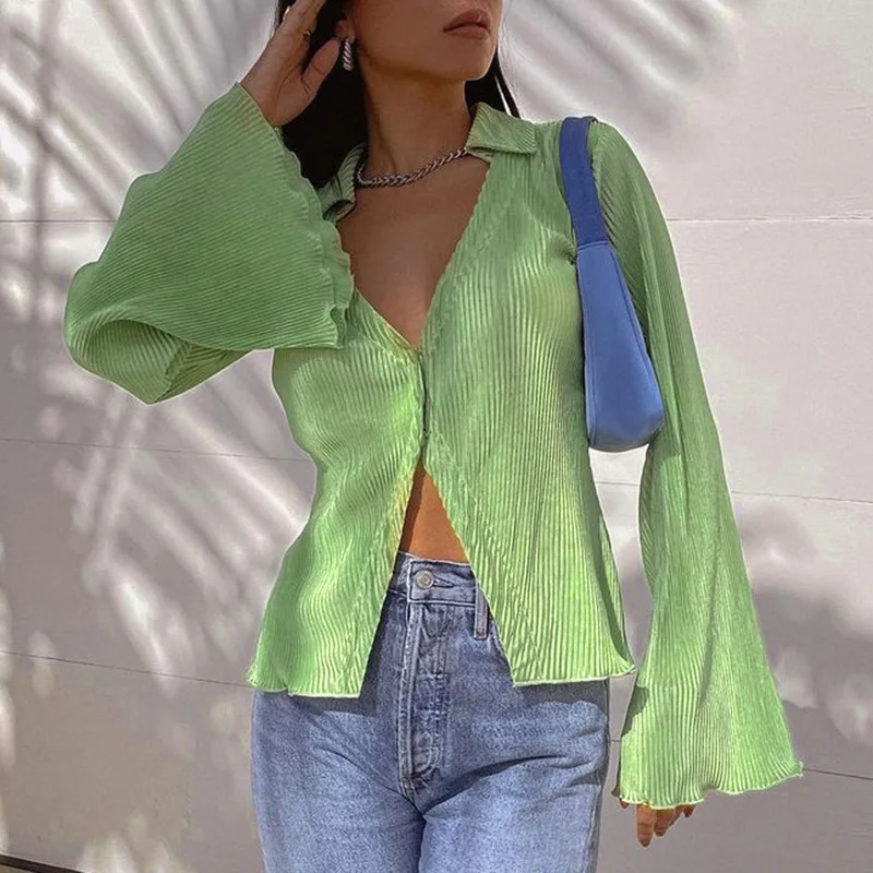

Women's Shirt Sexy Crop Top Button Blouses Spring New Fashion Solid Color V Neck Flared Sleeve Long Sleeved Shirt Women Clothing