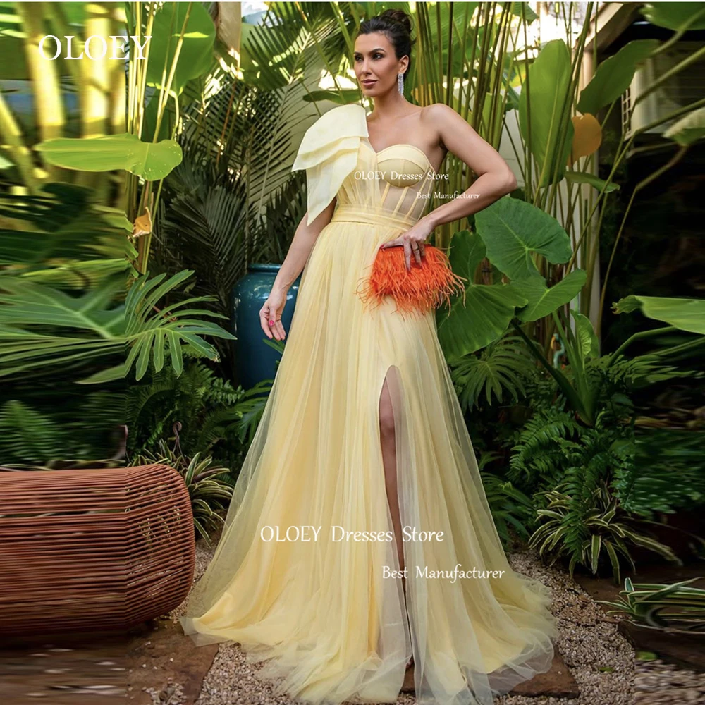 

OLOEY, элегантные желтые трапециевидные платья для выпускного вечера, арабские женские вечерние платья с разрезом и оборками, длинное официальное платье