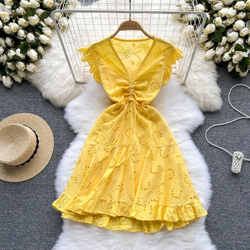 

Chic Pleated V-neck A-line Short Dress Women Summer 2022 New Fashion Hollow Sleeveless Korean Clothes Vestidos G849