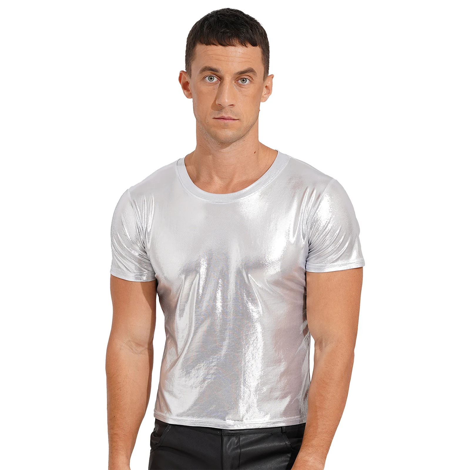 

Mens Shiny Metallic T-shirt Short Sleeve Round Neck Tees Tops Glossy Solid Top Dance Party Rave Festival Clubwear Streetwear