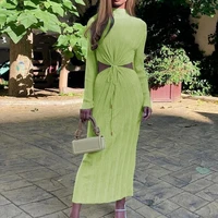 elegant womens solid color long sleeved long skirt temperament slim sexy twisted front hollow long sleeved tight dress dress