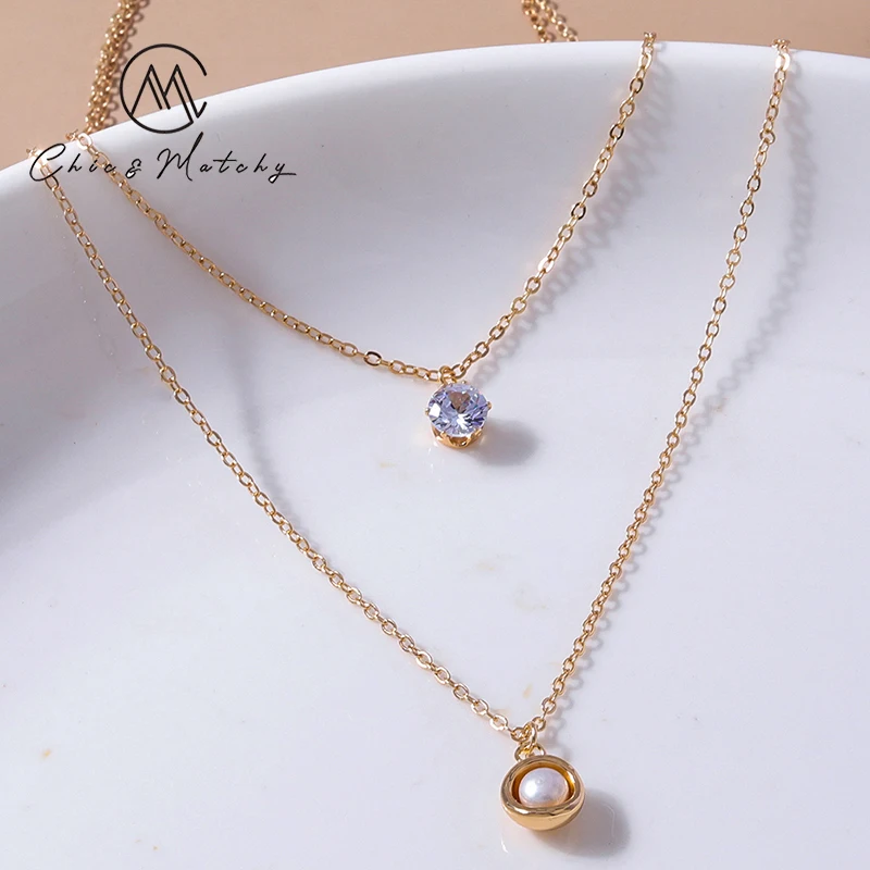

Chic Matchy Cubic Zircon Pendant 2 Layers Women Necklace Gold Plated Color Crystal CZ Necklace Girls Cute Pearl Jewelry