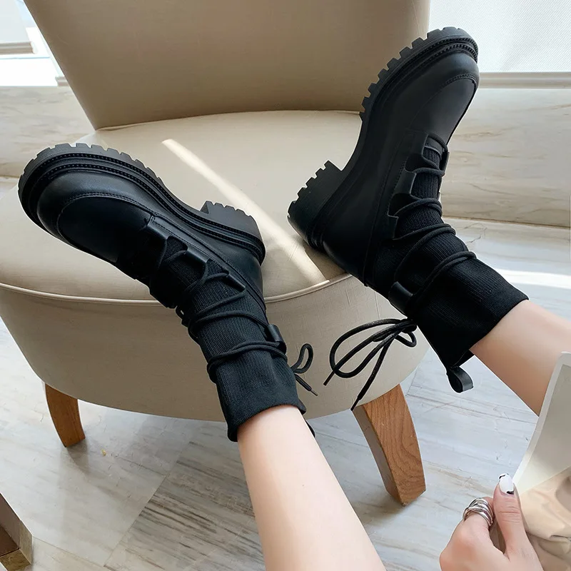 

Women Flat Boots Thick Soled Thick Heeled Ankle Boots Winter Plus Velvet Thickened Waterproof Single Boots Thin Socks Shoes