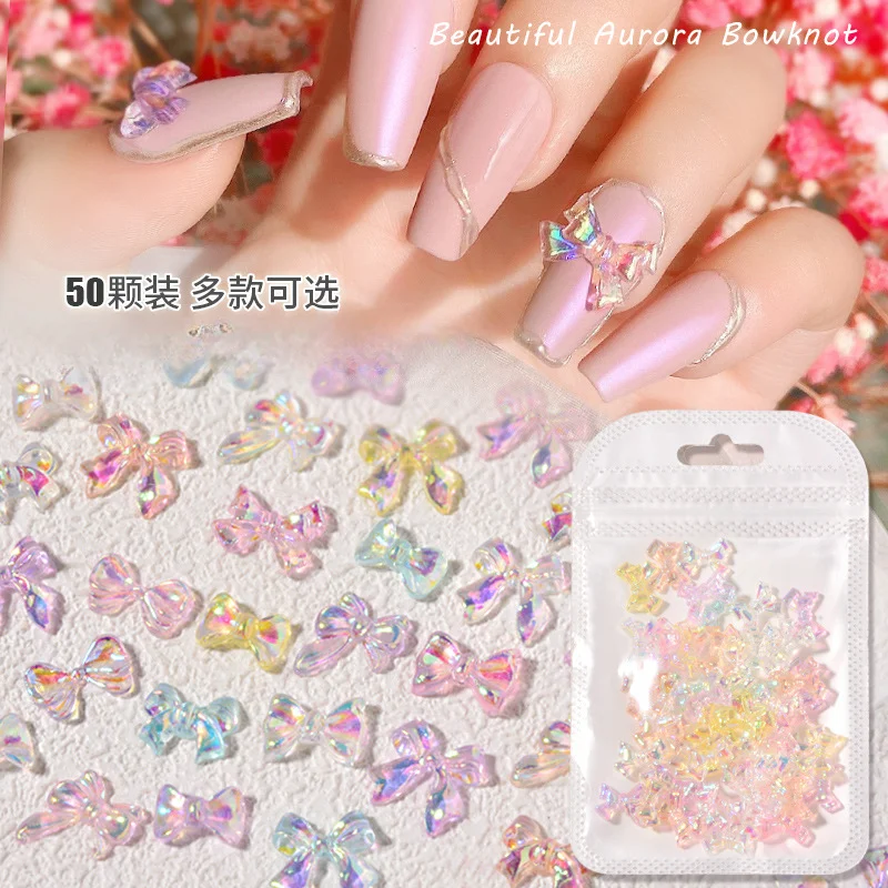 

Nail Aurora Colorful Bow Paillette Ongle Nail Art Nail Decoration Rhinestone Gem Stickers FauxOngles Autocollants Pack of 10