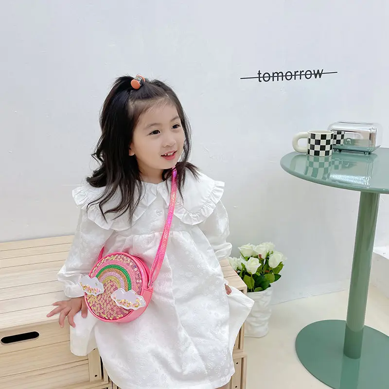 Cute Rainbow Children's Shoulder Bags Lovely Pink Baby Girls Sequins Messenger Bag Princess Accessories Small Round Handbags
