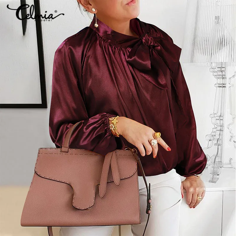 

Celmia Casual Loose Solid Shirts Street Blusas Fashion Women Satin Blouses 2022 Autumn Long Sleeve Bow Tie Neck Tops Femininas