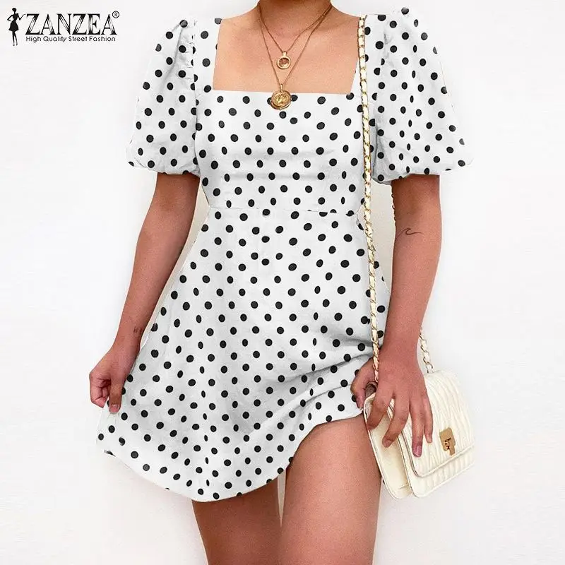 

Oversized Women Bohemian Polka Dots Printed Dress Vestido ZANZEA Casual Puff Sleeve Mini Party Dress 2022 Summer A-line Sundress
