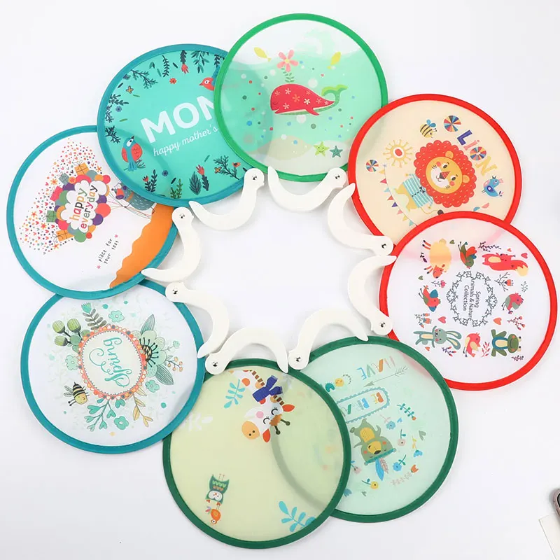 

New Portable Folding Fan With Handle Cartoon Mini Fan Women Summer Round Fan Japanese Foldable Hand Fans Creative Party Gift