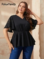 batwing short sleeve t shirts plus size women tops lace v neck black casual summer tops black cnfs86