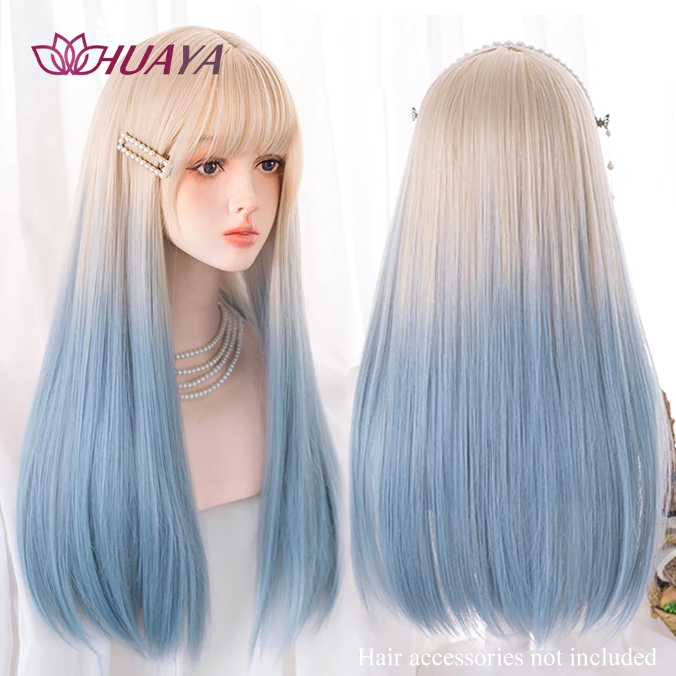 HUAYA Synthetic Hair Wigs for Women Long Straight Lolita Cosplay Wigs With Bangs Ombre Sky Blue Heat Resistant Fiber Daily Party