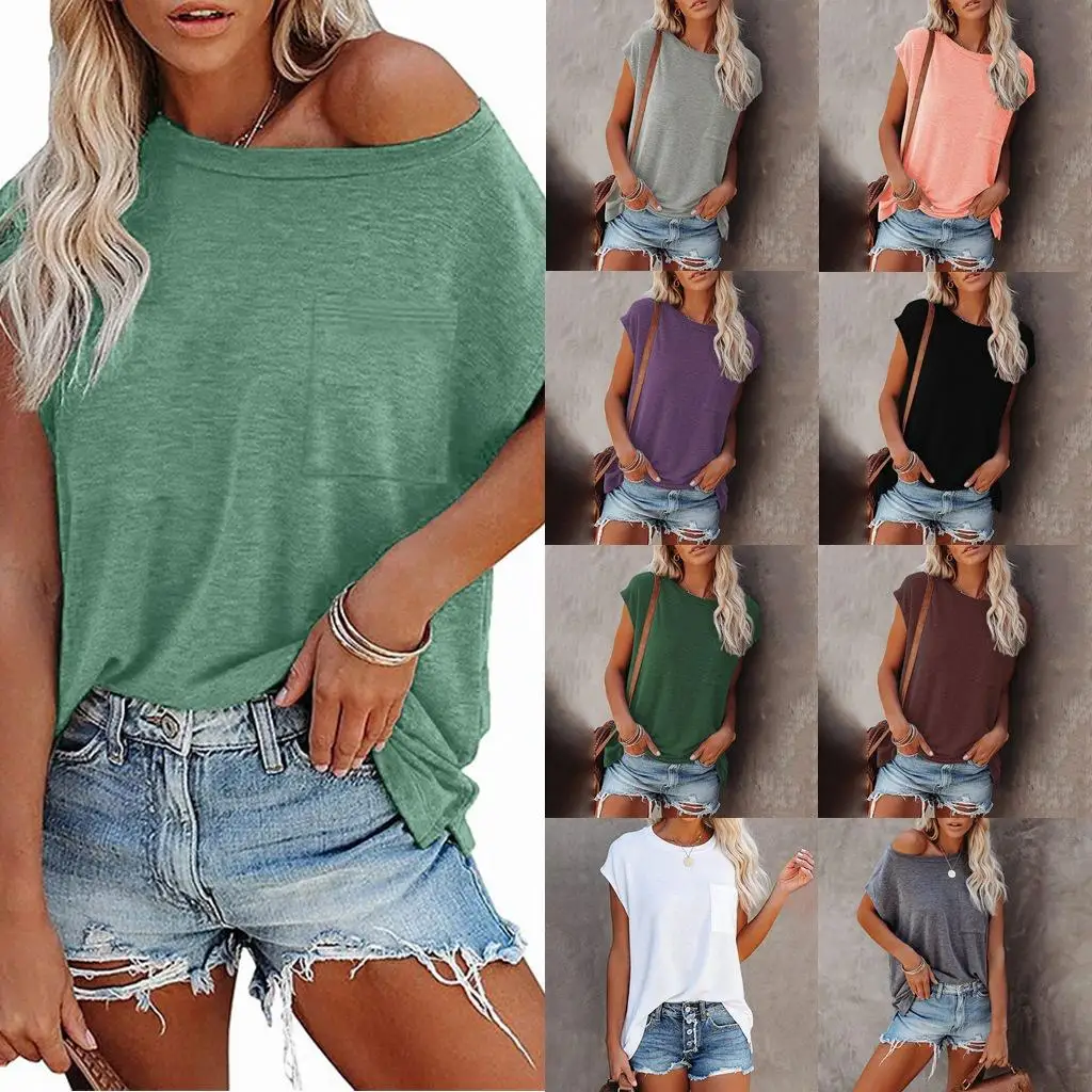 

2023 Women's Solid Color Strapless Off Shoulder T-shirt Top Summer T-Shirt