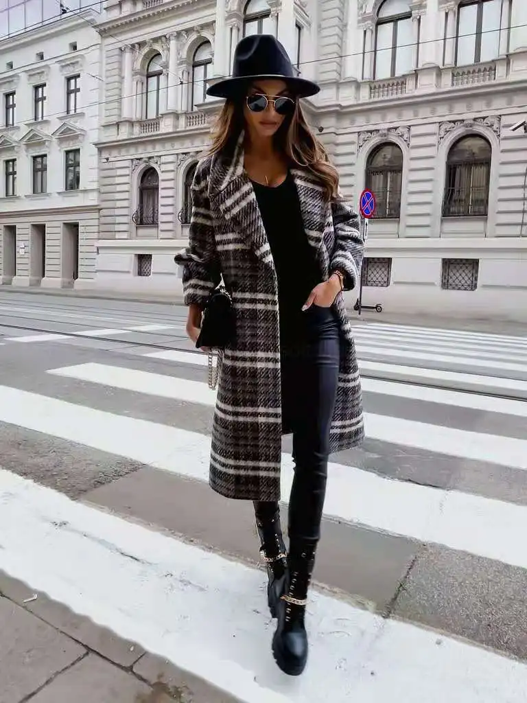 

2022 Women's Autumn and Winter New Woolen Coat Plaid Windbreaker