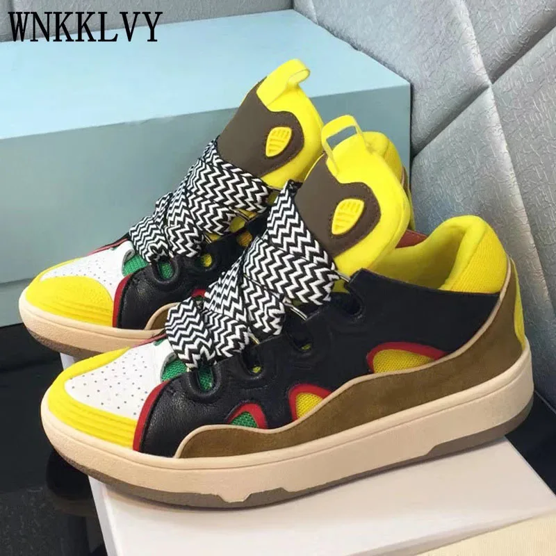 

New Thick Bottom Mixed Color Casual Shoes Flat Leather Suede Patchwork Lace Up Sneakers Spring Breathable Running Shoes Unisex