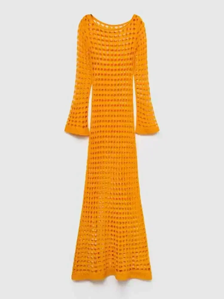 2024 женское осеннее сексуальное полое платье с расклешенными рукавами и круглым