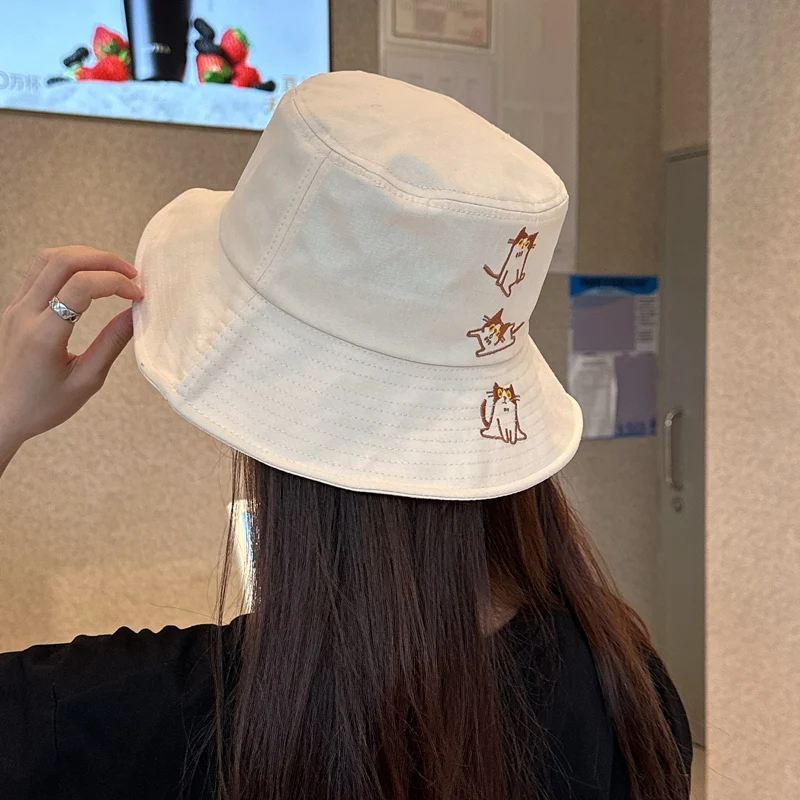 Шляпа рыбака с вышивкой кошки Женская Весенняя Корейская универсальная японская