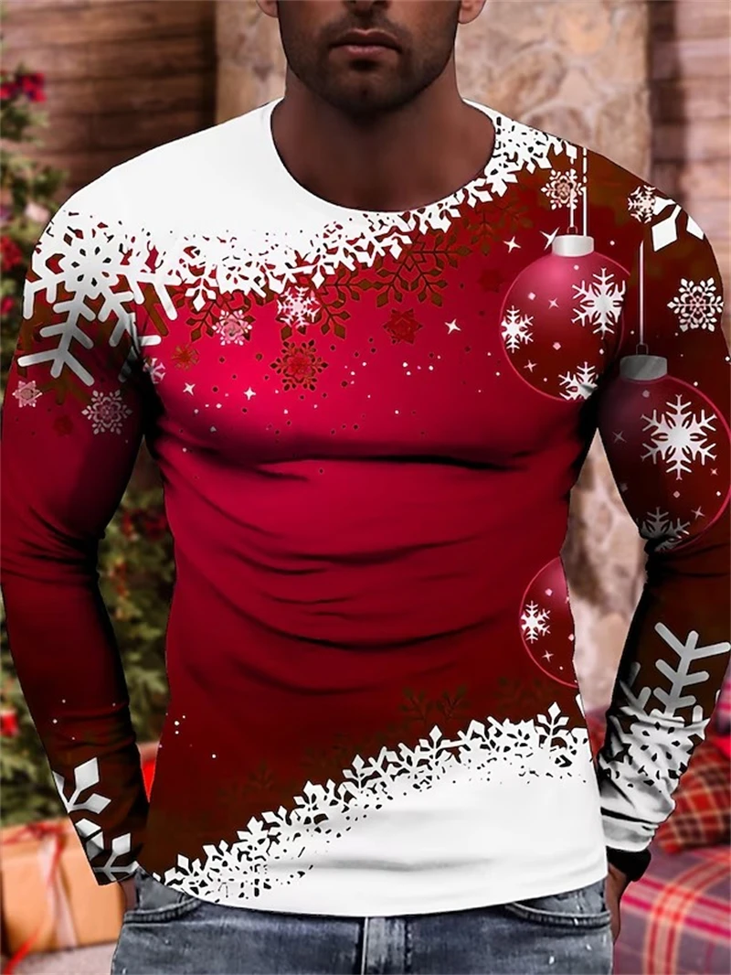 

Футболка мужская с круглым вырезом, тенниска с графическим принтом в виде снежинок, повседневная майка с длинным рукавом, с 3D-принтом, уличная одежда в стиле унисекс, на Рождество