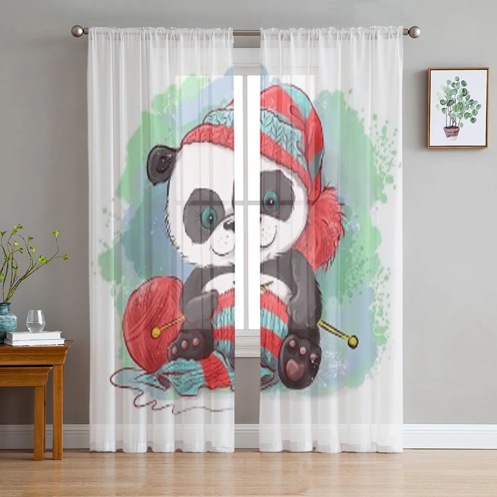 

Cartoon Watercolor Panda Knits A Scarf Tulle Sheer Curtains for Living Room Bedroom Kitchen Decoration Voile Organza Curtains