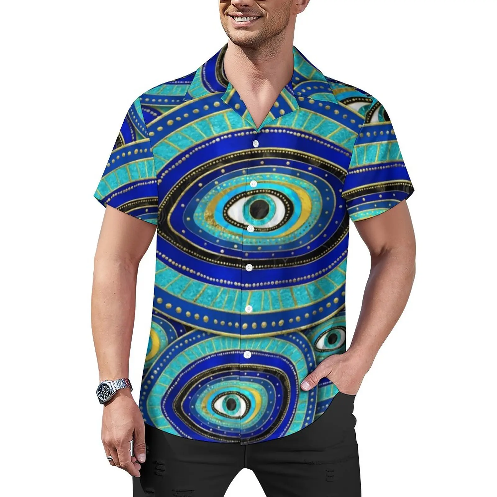 Evil Eye Blouses Men Greek Amulet Print Casual Shirts Summer Short Sleeve Street Style Oversized Vacation Shirt Gift Idea