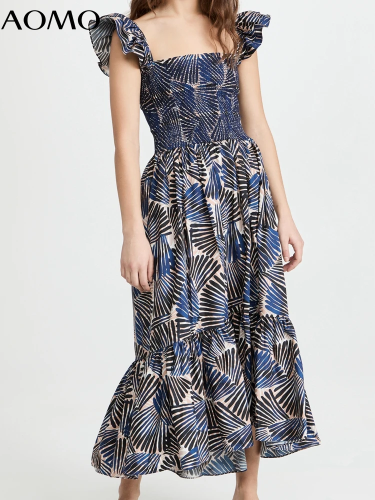 

AOMO 2022 Summer Women Leaves Print French Style Long Dress Ruffles Short Sleeve Ladies Sundress 1F87A