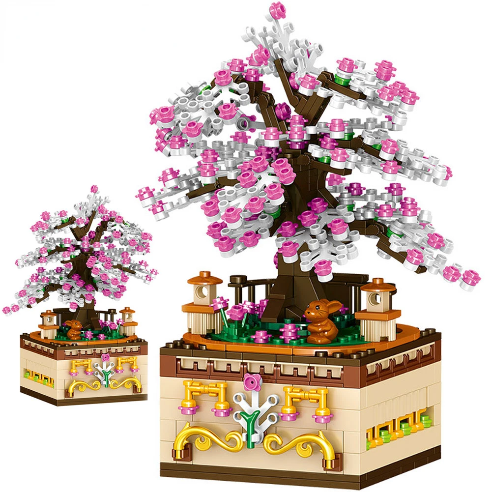 

BZDA City Street View Cherry Blossom Tree Music Box Rotating Sakura Engineering Building Blocks Toys For Children Birthday Gifts