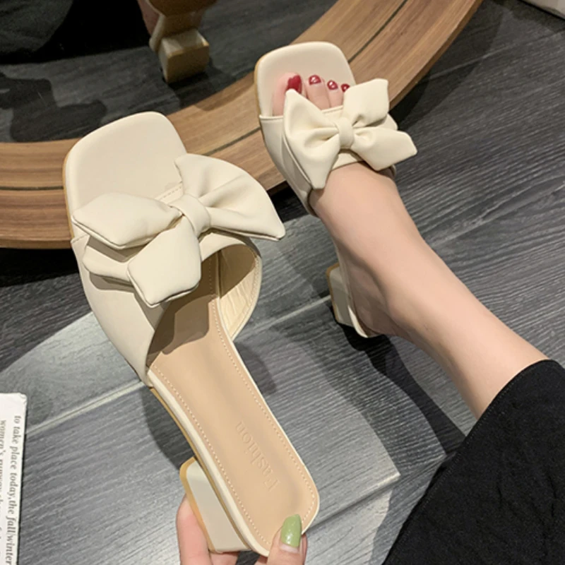 

Шлепанцы женские с бантом-бабочкой, летний квадратный носок, низкий каблук, сланцы, уличные повседневные сандалии, мюли с открытым носком Shoes Women