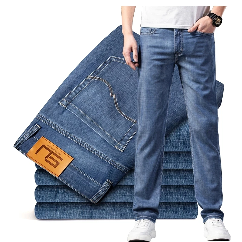 

Summer Men Jeans Thin Classic Style Business Fashion Straight-leg Stretch Pants Lyocell Fabric Casual Denim Trousers Male