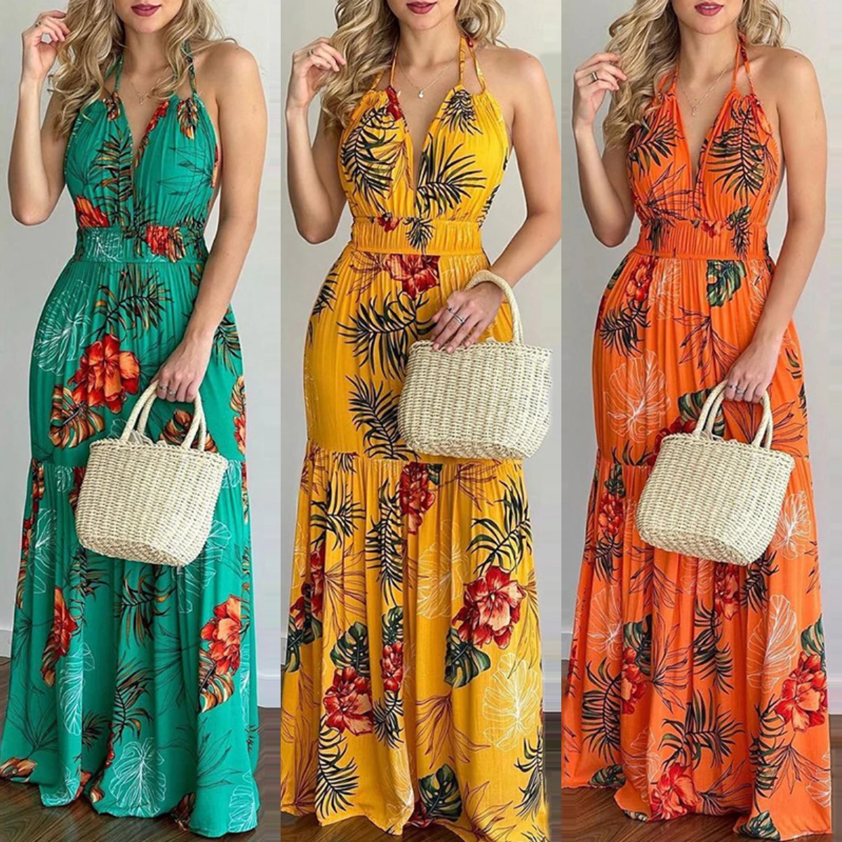 

Hot 2022 European and American Summer New Printed Backless Long Dress Dress Women