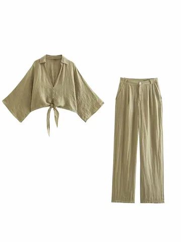 BSK&ZA&TRF Women 2023 New Fashion Knot decoration flax Cropped Blouses Vintage Long Sleeve Female Shirts Chic Tops 8372 /096
