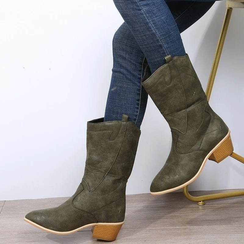 Women's Boots 2022 Autumn Winter New Large Size Pointed Toe Hand-embroidered Soft Leather Mid-tube Knight Leather Chelsea Boots